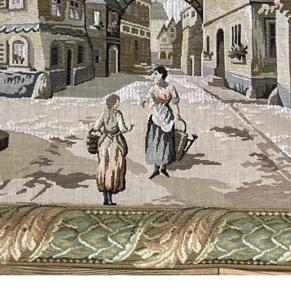 Vintage Woven Tapestry Wall Hanging German Village Scene Wooden Rod  Folk Art